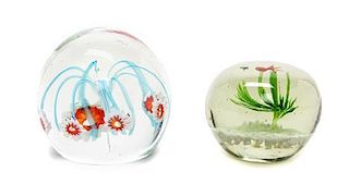 Two Glass Paperweights, Diameter of first 4 inches.