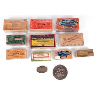 Group of Winchester, Peters and Remington Cartridge Boxes and Ephemera