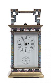 A Cloisonne Repeating Carriage Clock, Height over handle 8 inches.