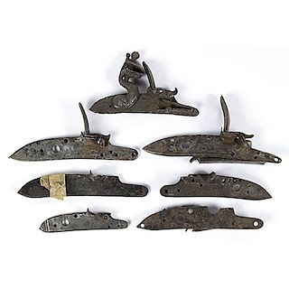 Flint Rifle and Musket Locks with Some Parts, Lot of Seven