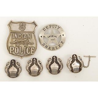 Indian Police Badge and Deputy Sheriff Badge PLUS Group of Colt's Silver Tie Pin and Three Tie Tacks