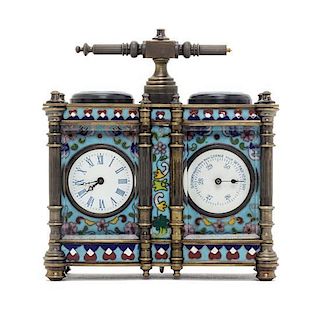 A French Champleve Carriage Clock and Barometer, Height 5 1/2 inches.