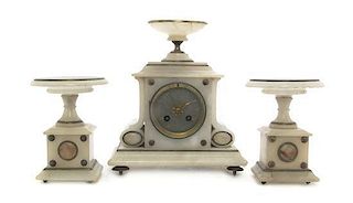 A Continental Three Piece Alabaster Clock Garniture, Height 10 3/8 inches.
