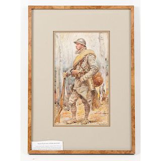 Singed Watercolor of French Soldier Signed Alph Lalauze and dated 1919