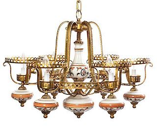 A Dutch Style Ceramic and Brass Six-Light Chandelier, Height 21 x diameter 26 1/2 inches.
