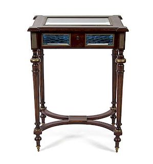 A Russian Empire Style Brass Mounted Mahogany Vitrine Table, Height 29 3/8 x width 20 3/4 x depth 18 inches.