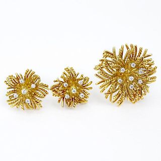 Vintage Tiffany & Co Round Brilliant Cut Diamond and 18 Karat Yellow Gold Brooch and Ear clip Suite.