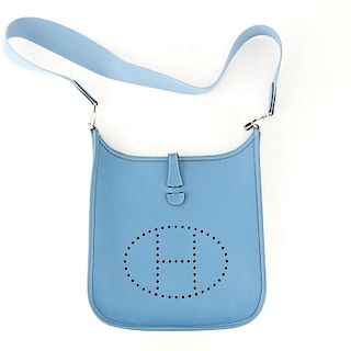 Hermès Blue Jean Togo Leather Evelyne I-2 PM Messenger Bag.