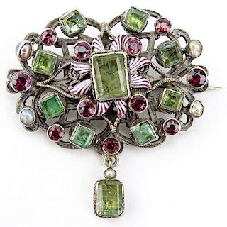 Antique Austro-Hungarian Emerald, Garnet, Pearl, Enamel and Low Grade Silver Brooch.
