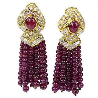 Very Fine Quality Bulgari style Burma Ruby, Diamond and 18 Karat Yellow Gold Tassel Earrings. Excellent quality stones throug