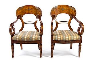 A Pair of Russian Empire Brass-Inlaid Walnut Armchairs, 19TH CENTURY, Height 41 inches.