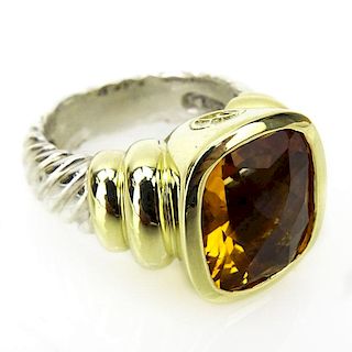 David Yurman Noblesse Cushion Cut Citrine, 14 Karat Yellow Gold and Sterling Silver Cable Ring.