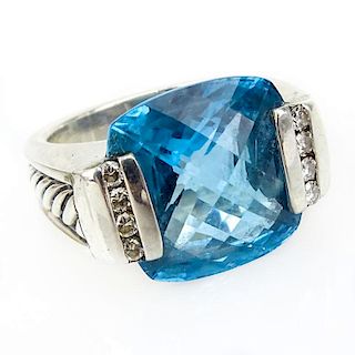 David Yurman Cushion Cut Blue Topaz, Diamond and Sterling Silver Cable Ring.