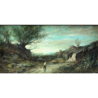 Paul Desire Trouillebert, French (1829 - 1900) Oil on panel "Traveler on a country road" Signed lower right. Good condition. 