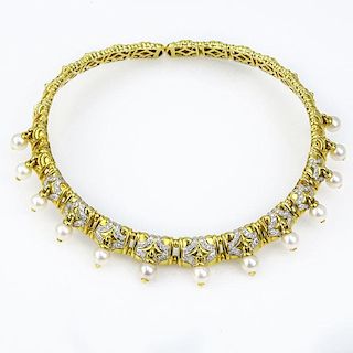 Vintage Bulgari style Heavy 18 Karat Yellow Gold, Pave Set Diamond and Pearl Flexible Choker Necklace.