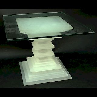 Retro Stacked Lucite Pedestal Table. Comprised of multiple layers of frosted Lucite squares.