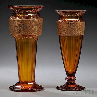 Two Smokey Amber Colored Moser Glass Vases