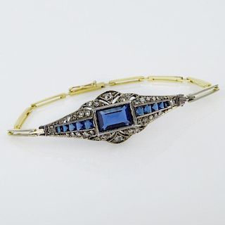 Art Deco Sapphire, Diamond, 14 Karat Yellow Gold and Sterling Silver Bracelet.