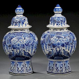 Pair of Delft Blue and White Vases and Covers