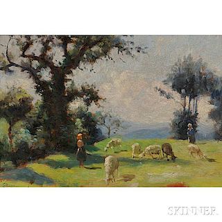 Giuseppe Magni (Italian, 1869-1956)      Shepherdess and Flock in a Sunny Field