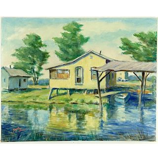 John Swalley, American  (1887-1976) Oil on Canvas Panel "House Near Creek, Ohio".