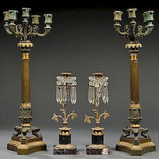 Pair of French Empire-style Bronze Candelabra and a Pair of Continental Candlesticks