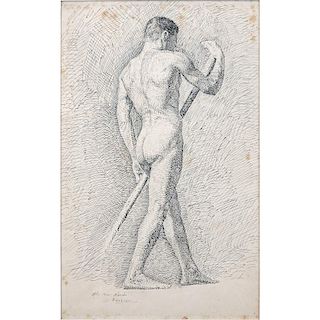 19th Century Italian School Ink on Paper "Male Nude". Inscribed "allo mio Nando" and signed S. Barbieri.