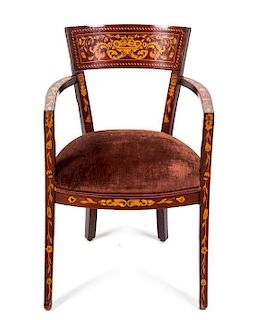 A Dutch Marquetry Open Armchair, Height 31 inches.