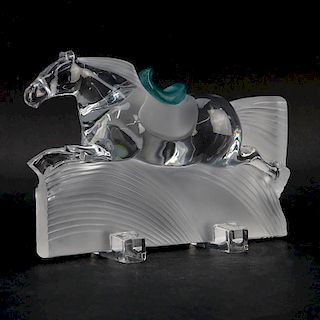 Daum France "Ming" Horse Sculpture. Frosted and clear crystal with molded green pate de verre saddle.