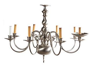 A Dutch Baroque Style Pewter Eight-Light Chandelier, Height 24 x diameter 28 inches.