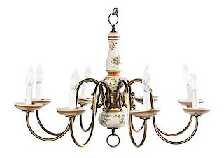 A Dutch Style Brass and Ceramic Eight-Light Chandelier, Height 20 x diameter 30 inches.