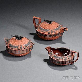 Three-piece Wedgwood Rosso Antico Egyptian Tea Set