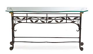 A Wrought Iron and Brass Console Table, Height 27 x width 56 x depth 16 1/2 inches.