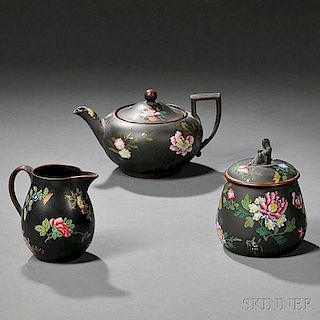 Three Wedgwood Enameled Black Basalt Tea Wares