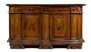 A Continental Walnut Server, 19TH CENTURY, POSSIBLY EARLIER, Height 41 x width 77 x depth 21 1/2 inches.