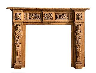 A Continental Carved Oak Mantel, 19TH/20TH CENTURY, Height 55 x width 75 x depth 11 1/2 inches.