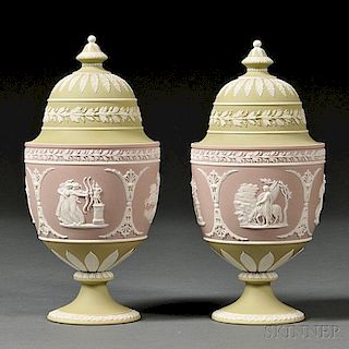 Pair of Wedgwood Three-color Jasper Dip Vases and Covers