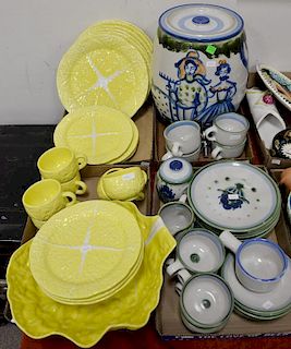 Partial set of Secla Portugal yellow cabbage leaf dinner service and M.A. Hadley hand painted pottery cups, plates, saucers, 