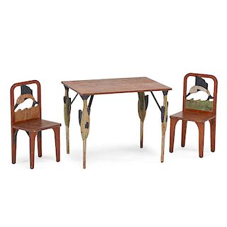 CHILD'S FOLK ART WOODEN TABLE AND CHAIRS