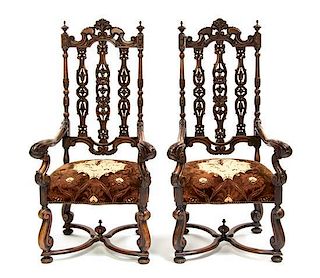 A Pair of Renaissance Revival Armchairs, 19TH CENTURY, Height 54 1/2 inches.