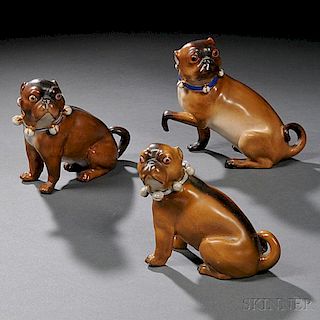 Three Meissen-type Porcelain Pug Dog Figures