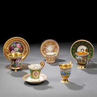 Five Continental Hand-painted Porcelain Cups and Four Saucers