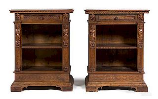 A Pair of Renaissance Revival Walnut Side Cabinets, Height 38 x width 29 1/2 x depth 14 1/4 inches.