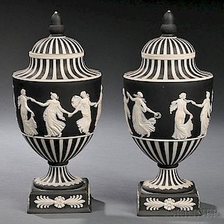 Pair of Wedgwood Black Jasper Dip Dancing Hours Vases and Covers