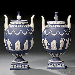 Pair of Wedgwood Solid Dark Blue Jasper Vases and Covers