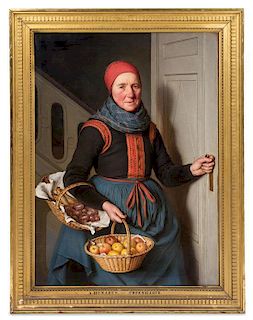Andreas Herman Hunaeus, (Danish, 1814-1866), Untitled (Woman with Onions, Apples and Fish), 1858