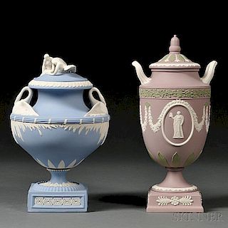 Two Modern Wedgwood Solid Jasper Vases and Covers