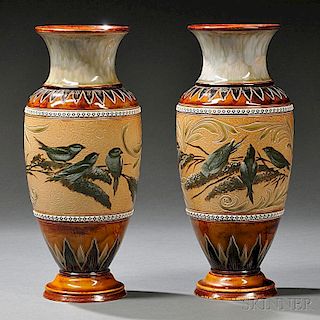 Pair of Doulton Lambeth Florence Barlow Decorated Vases