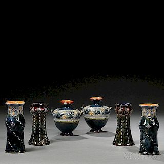 Three Pairs of Doulton Stoneware Vases