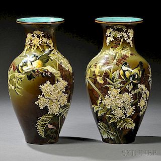 Pair of Doulton Lambeth Florence Lewis Decorated Impasto Vases